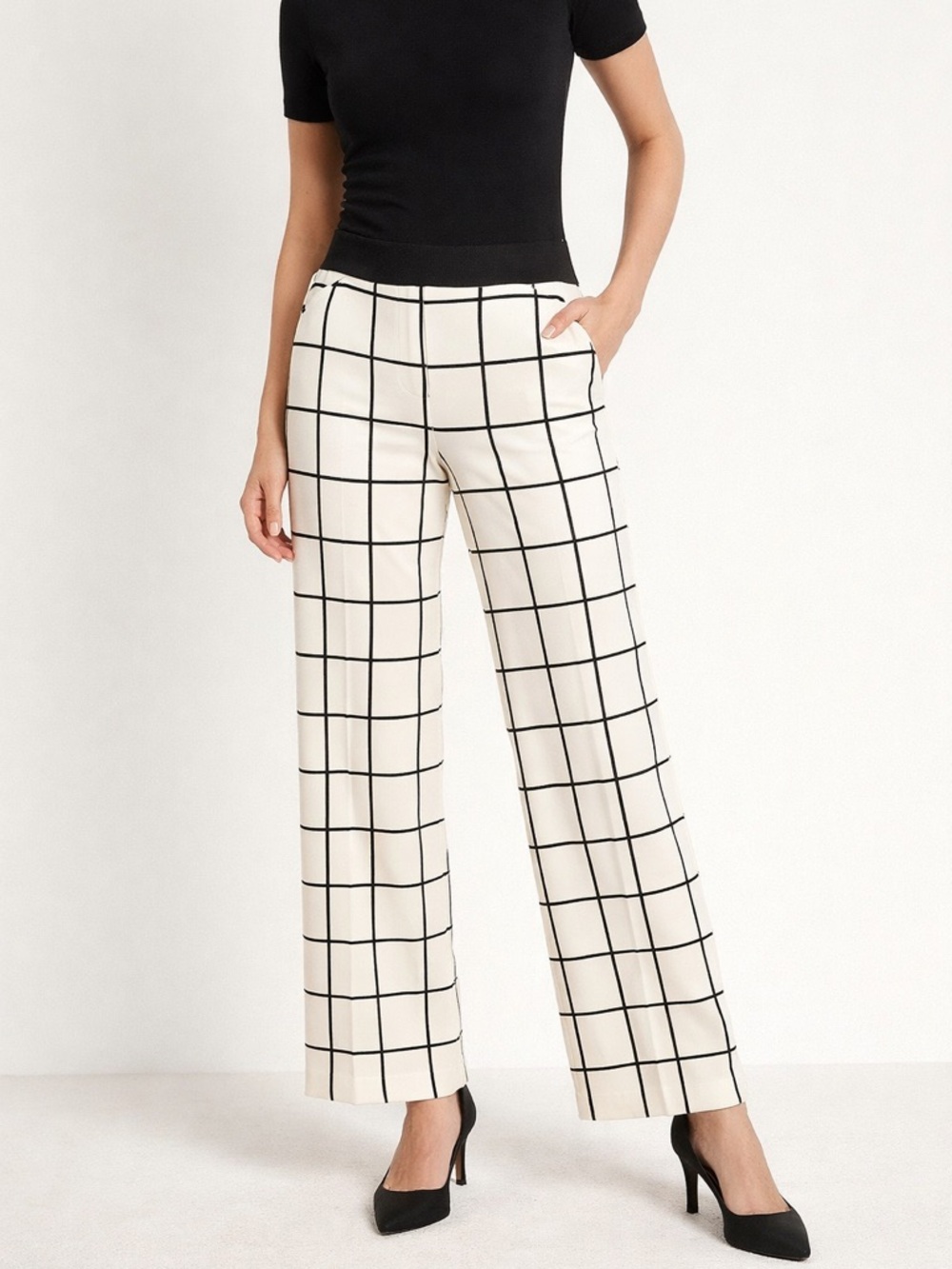 Express Black & White Grid Print | High Waist Wide Leg | Chic Workwear Pants
